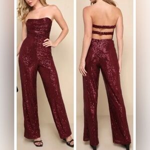 Lulus Glorious Vision Wine Red Sequin Strapless Wide-Leg Jumpsuit